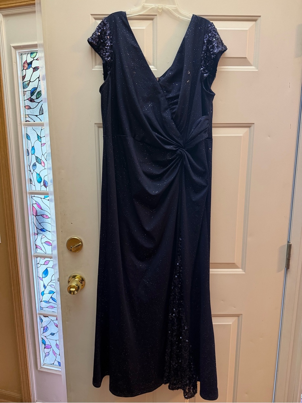 Navy Cap-Sleeve Evening Dress with Twist Front and shall